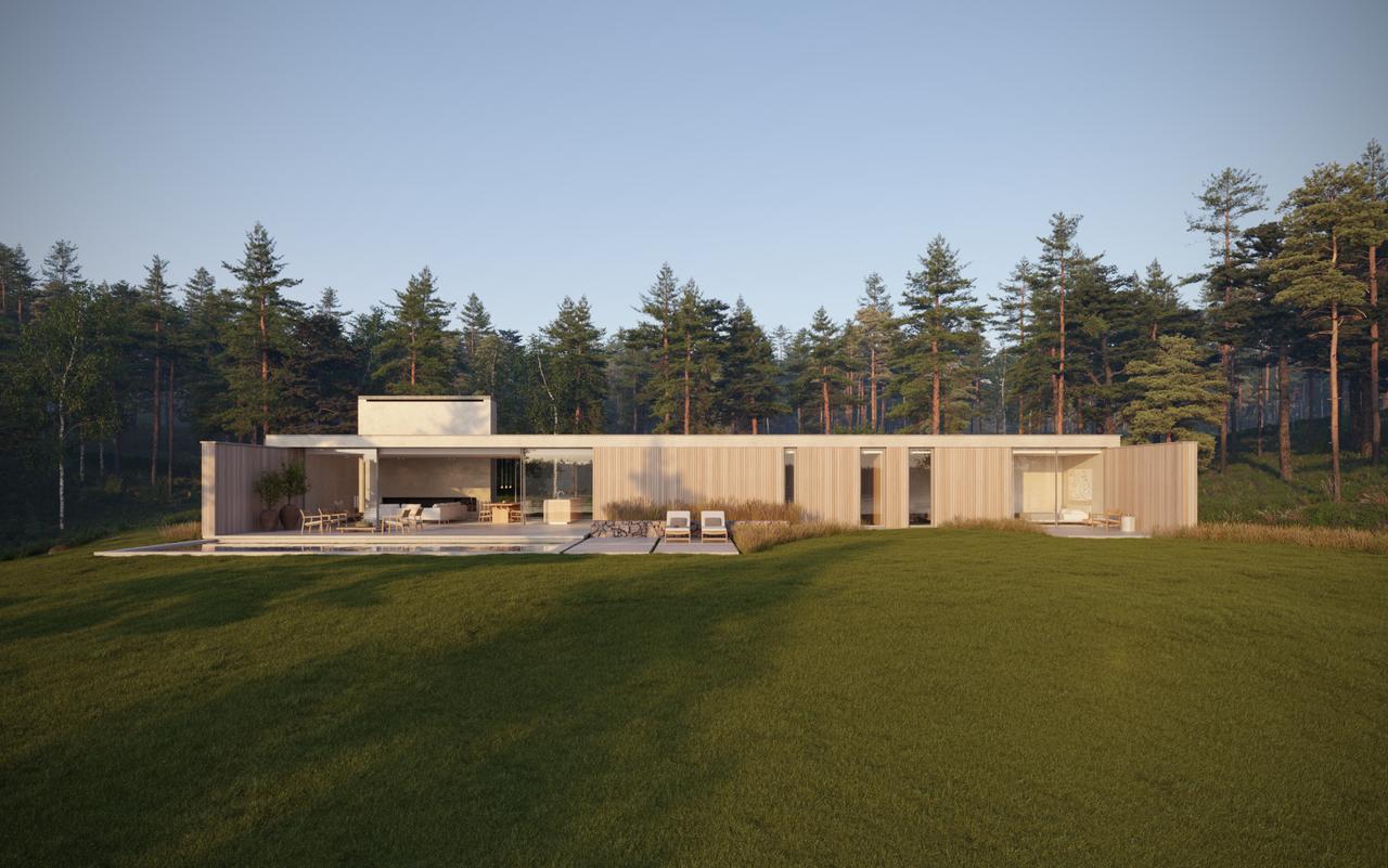 Strom 01 – long single-storey home at the edge of the forest